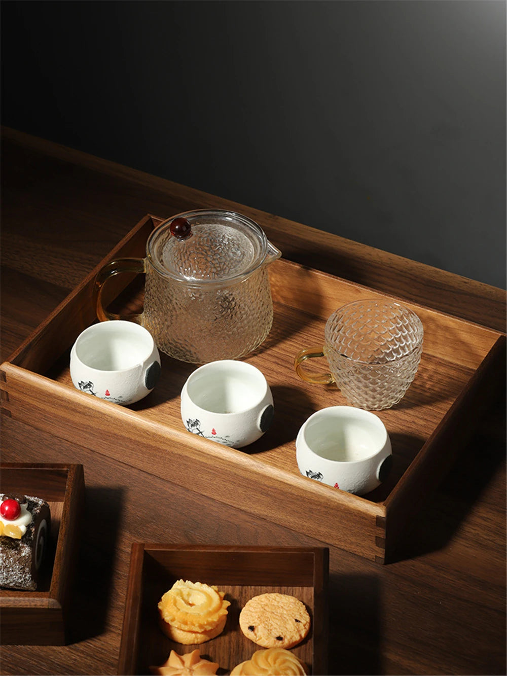 boîtes rangement bois moderne plateau thé tasses théière bijoux minimaliste