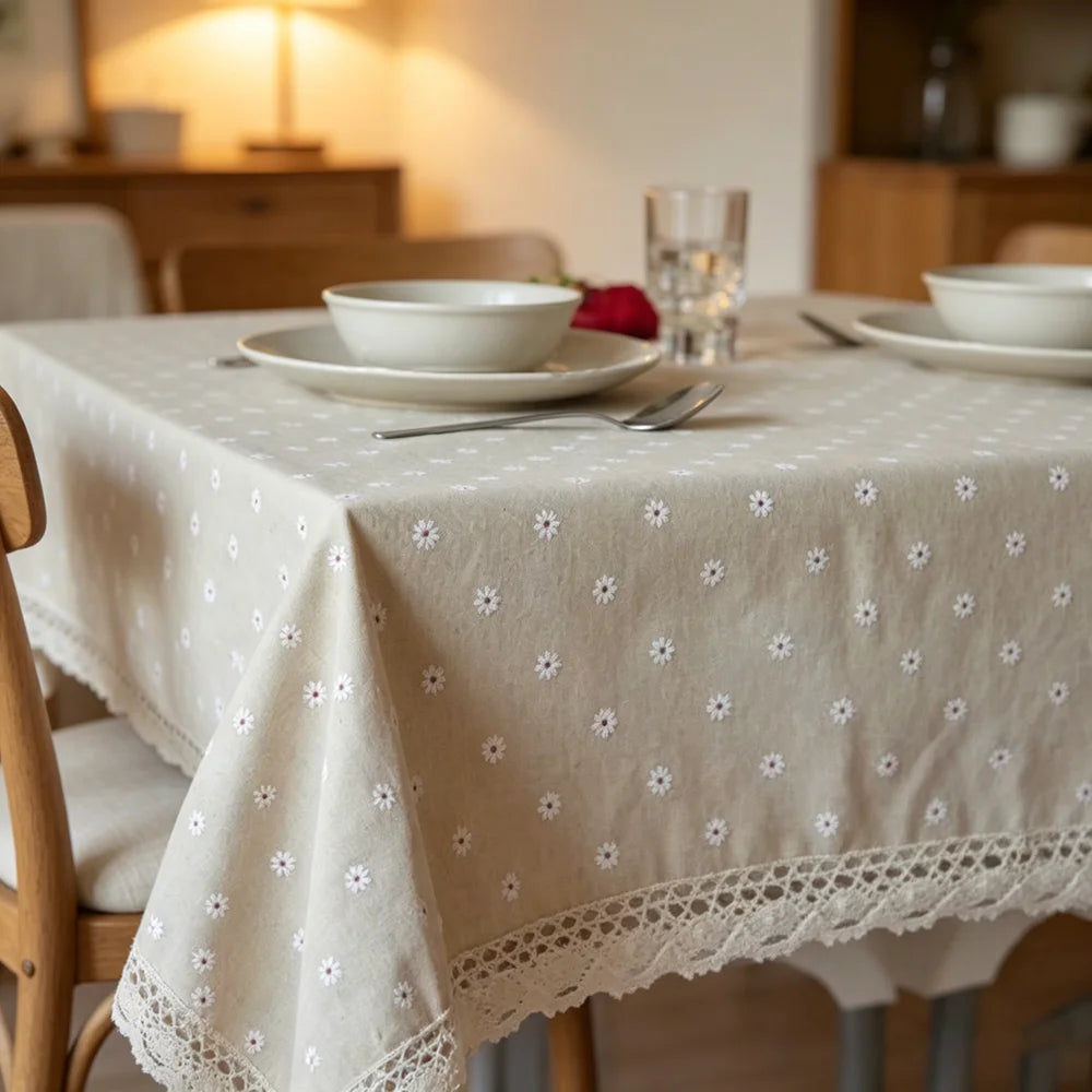 nappe lin imprimée fleurs blanches classique usage maison extérieur hiver printemps été automne mariage