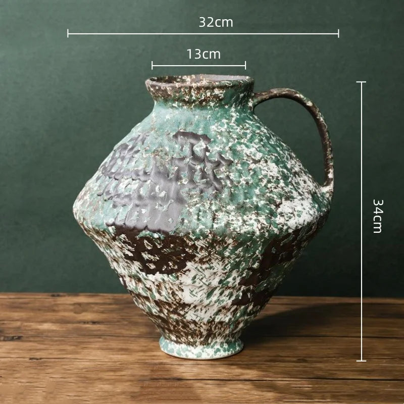 vase moderne rustique blanc marron vert marbré gratté opaques poignée décoration floral arrangement table