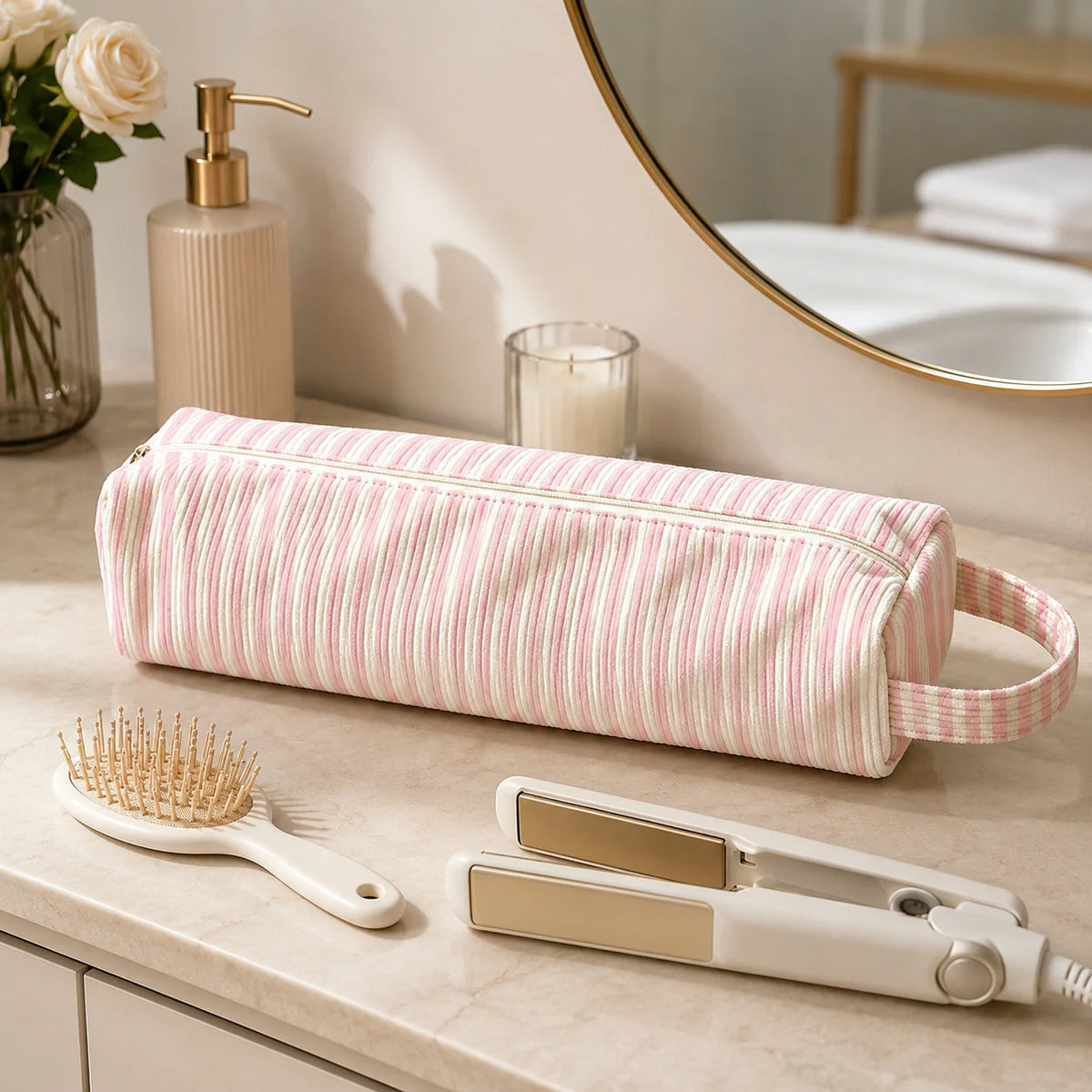 sac rangement outils coiffure rose rayures horizontales moderne voyage étanche velours côtelé doux brosse