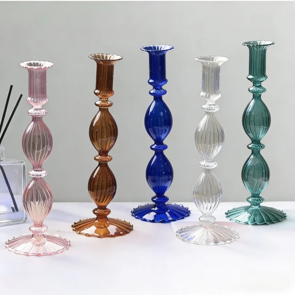 bougeoirs verre transparent rayures horizontales classiques or doré rose bleu vert noir
