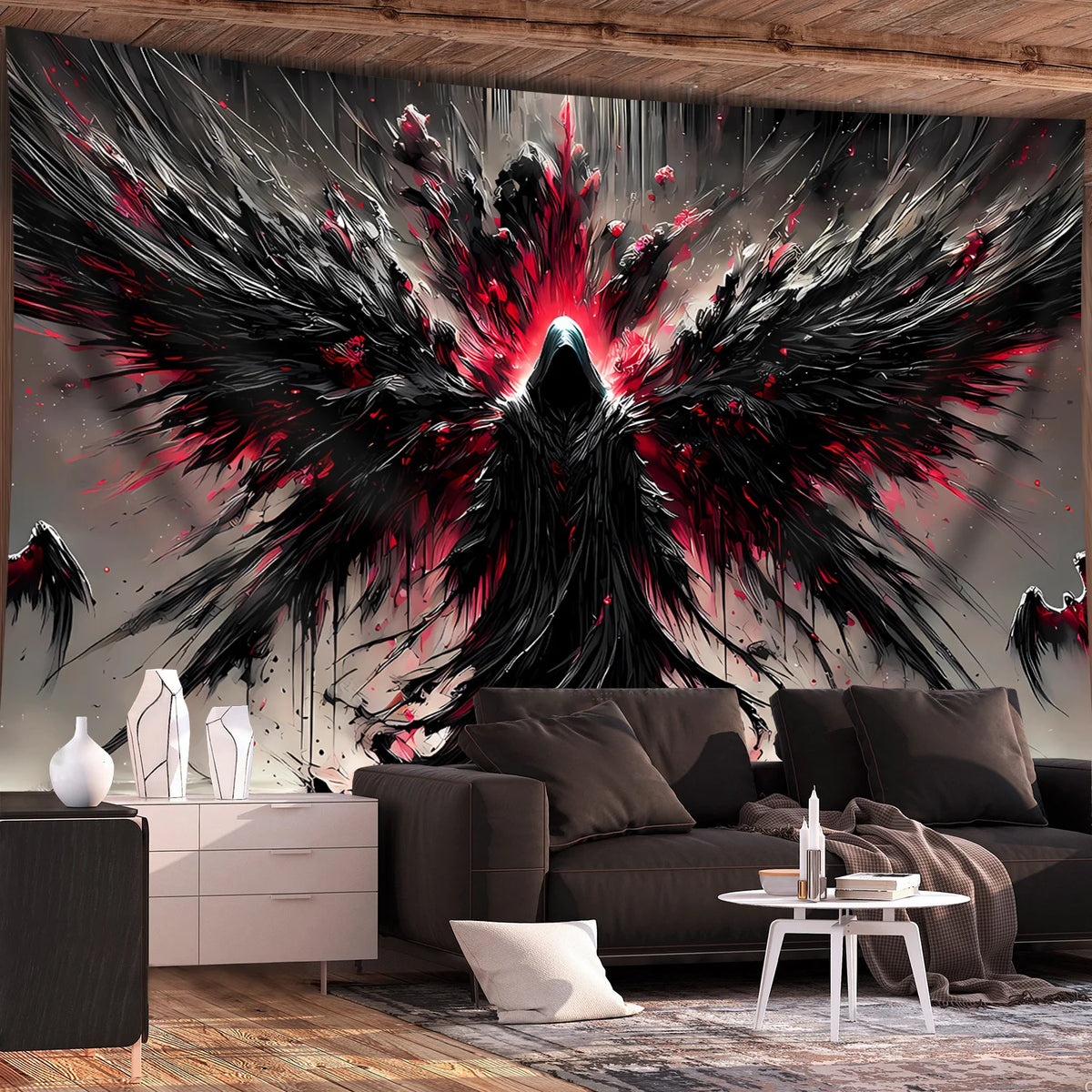 tapisserie murale ailes oiseau rouge abstraite noire contemporaine 150x180CM machine lavable polyester Jacquard