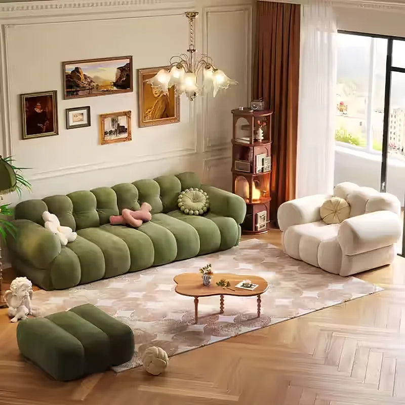 canapé moderne velours beige marron olive salon contemporain coussins différentes tailles