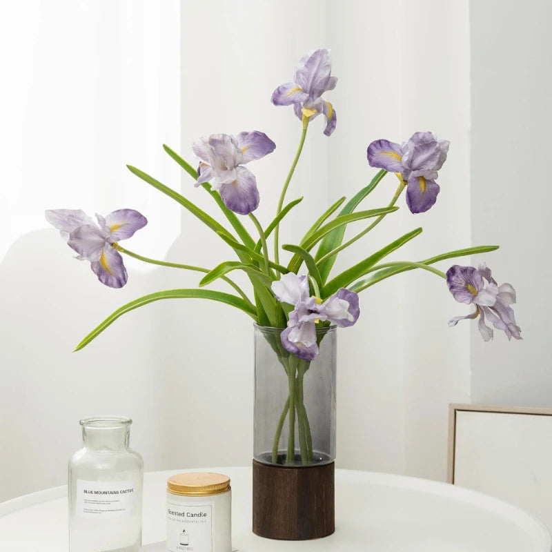 bouquet artificiel iris moderne bleu violet blanc orange décoration intérieure mariage anniversaire transparent vase