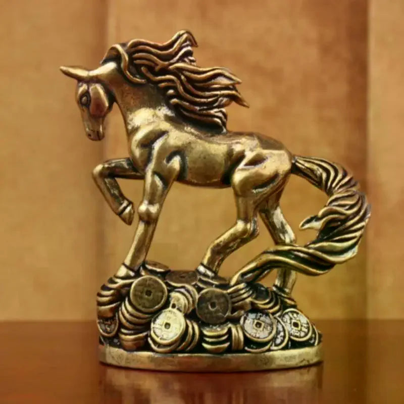 statue decorative cheval doré bronze details musculature criniere base pieces anciennes asiatique traditionnel