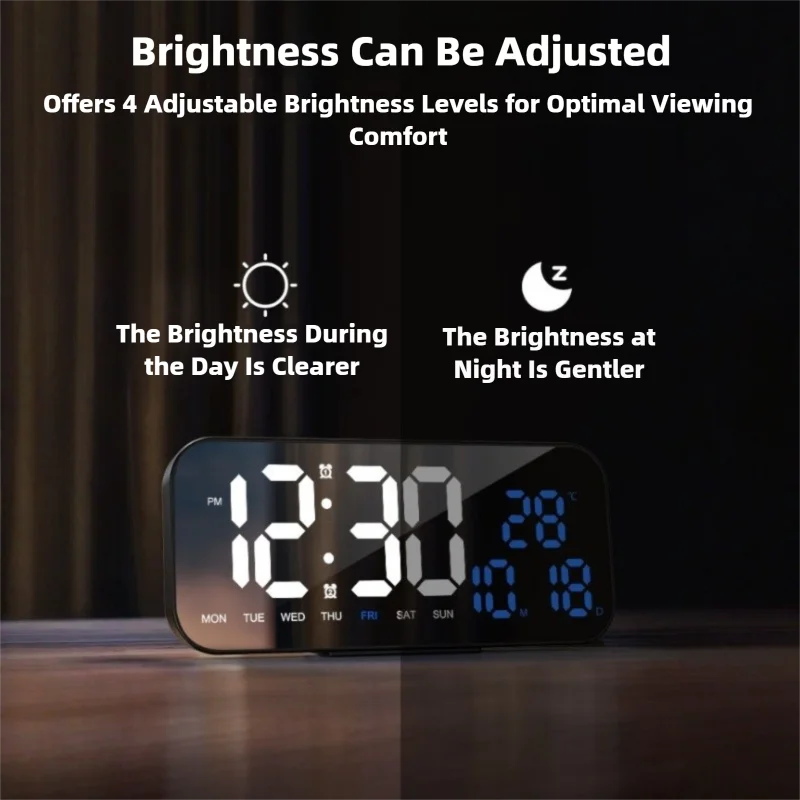 horloge numérique moderne écran led noir bleu blanc réglable luminosité affiche température compteur semaine