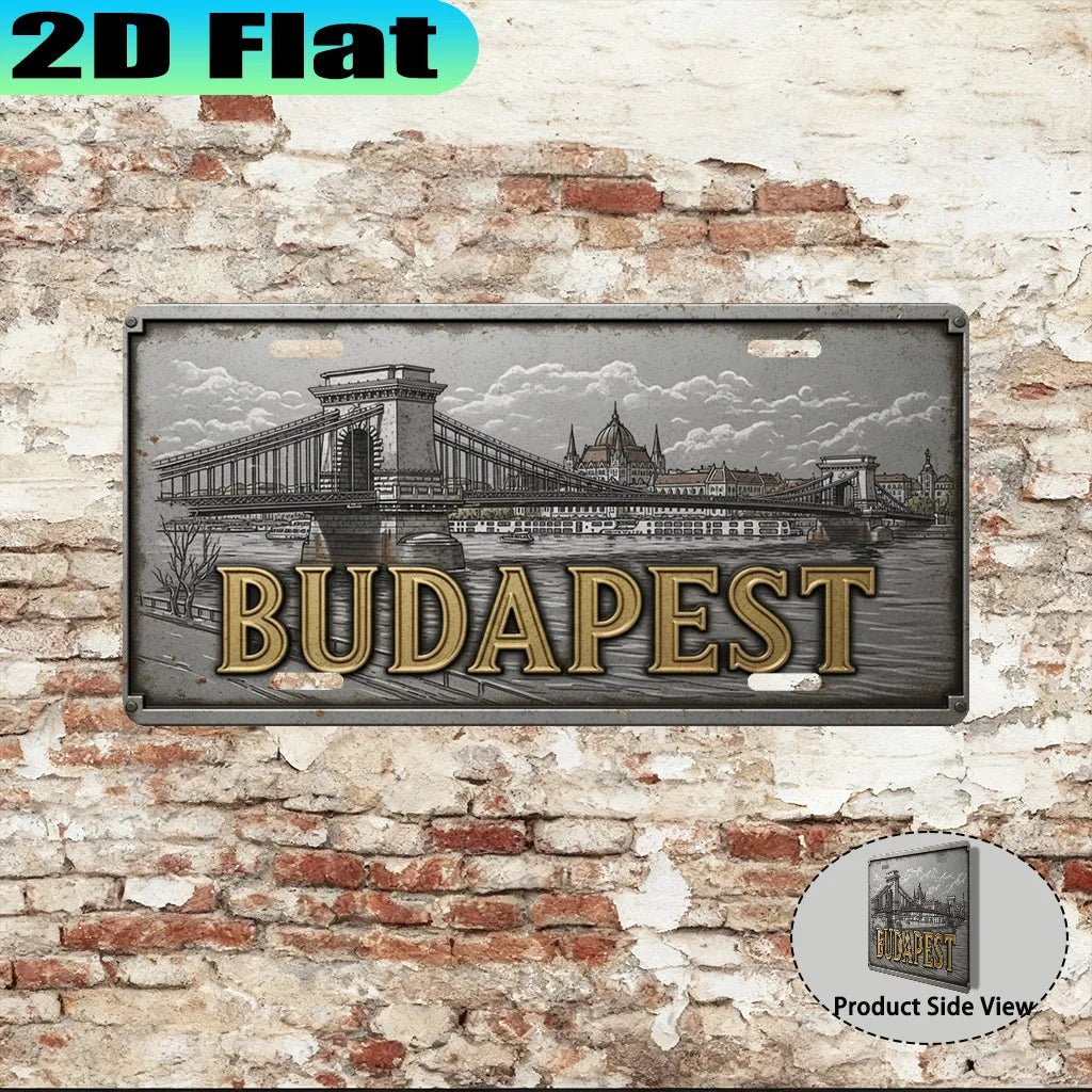 plaque decorative pont parlement budapest vintage gris doré illustration urbaine mettalique