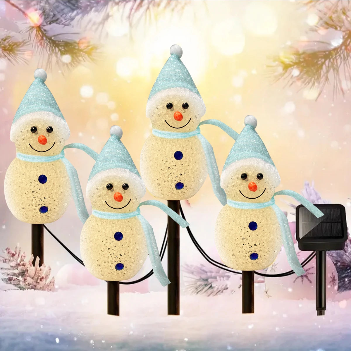 décoration noël bonhommes neige lumineux piquet glitter blanc vert jaune rose festiveextérieur jardin