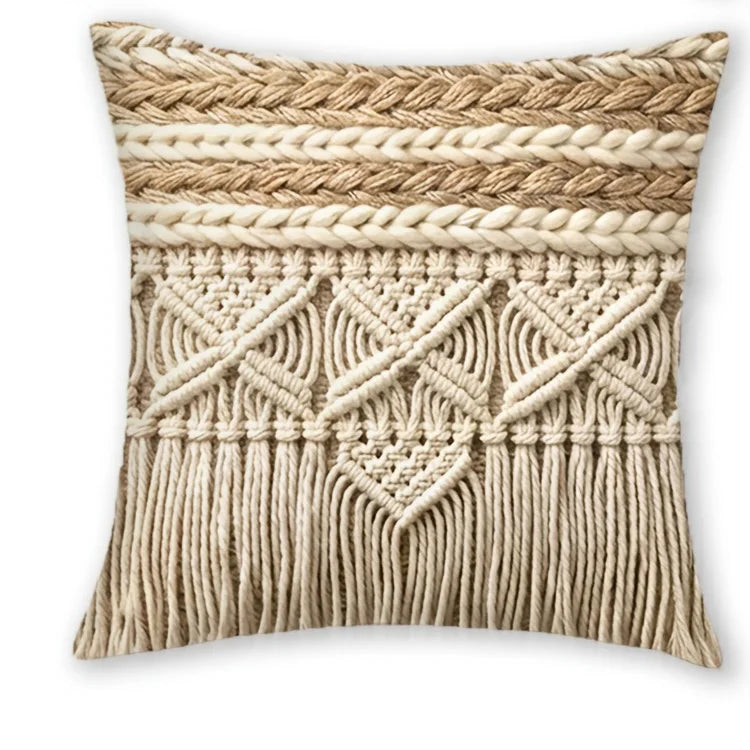 taies d'oreiller boho chic motifs macramé polyester peachskin beige pompons 40x40cm 45x45cm 50x50cm 60x60cm