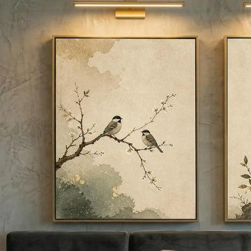 affiche encadrée oiseaux abstraite nature beige gris verte noire dorée minimaliste classique vertical