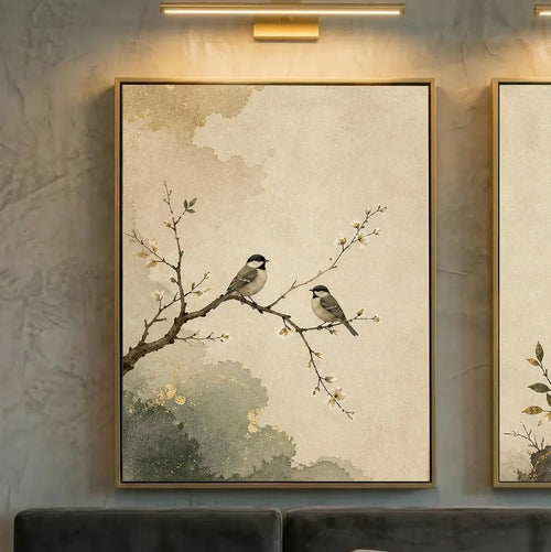 affiche encadrée oiseaux abstraite nature beige gris verte noire dorée minimaliste classique vertical
