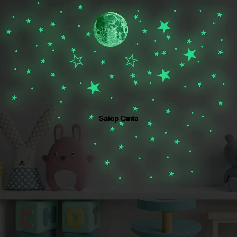 Stickers muraux étoiles lune points bleus verts blancs adhésifs chambre enfant décoration moderne glow