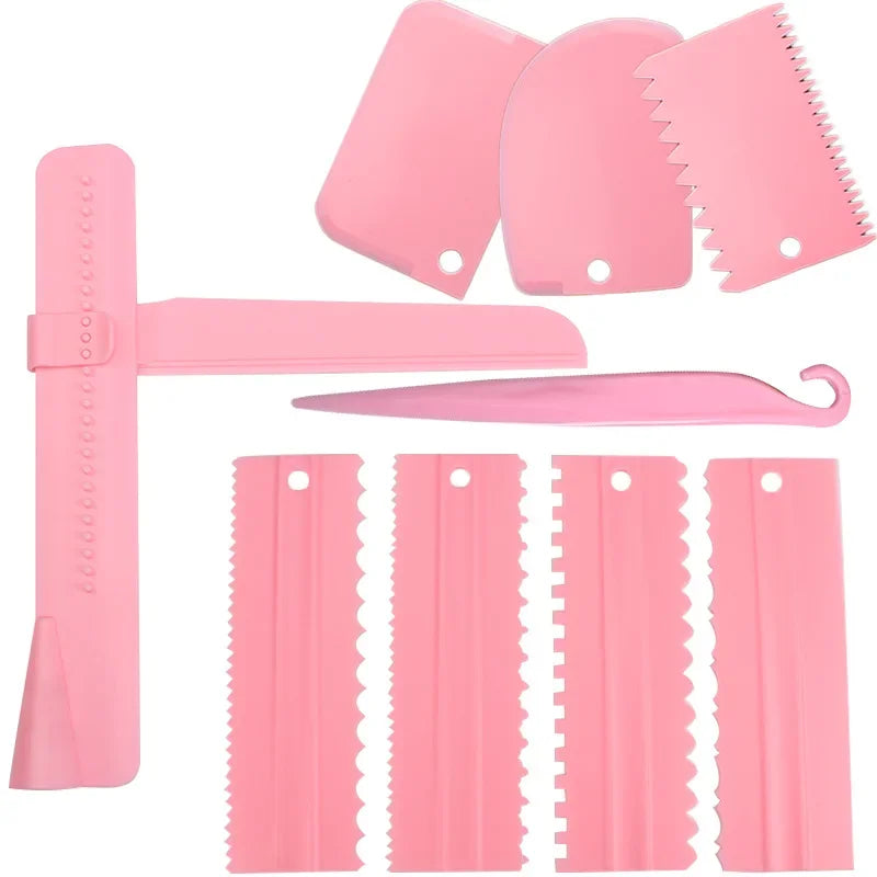 couteau gâteau dents scie spatule réglable blanc rose utilitaire pâtisserie cuisine pliable rigide