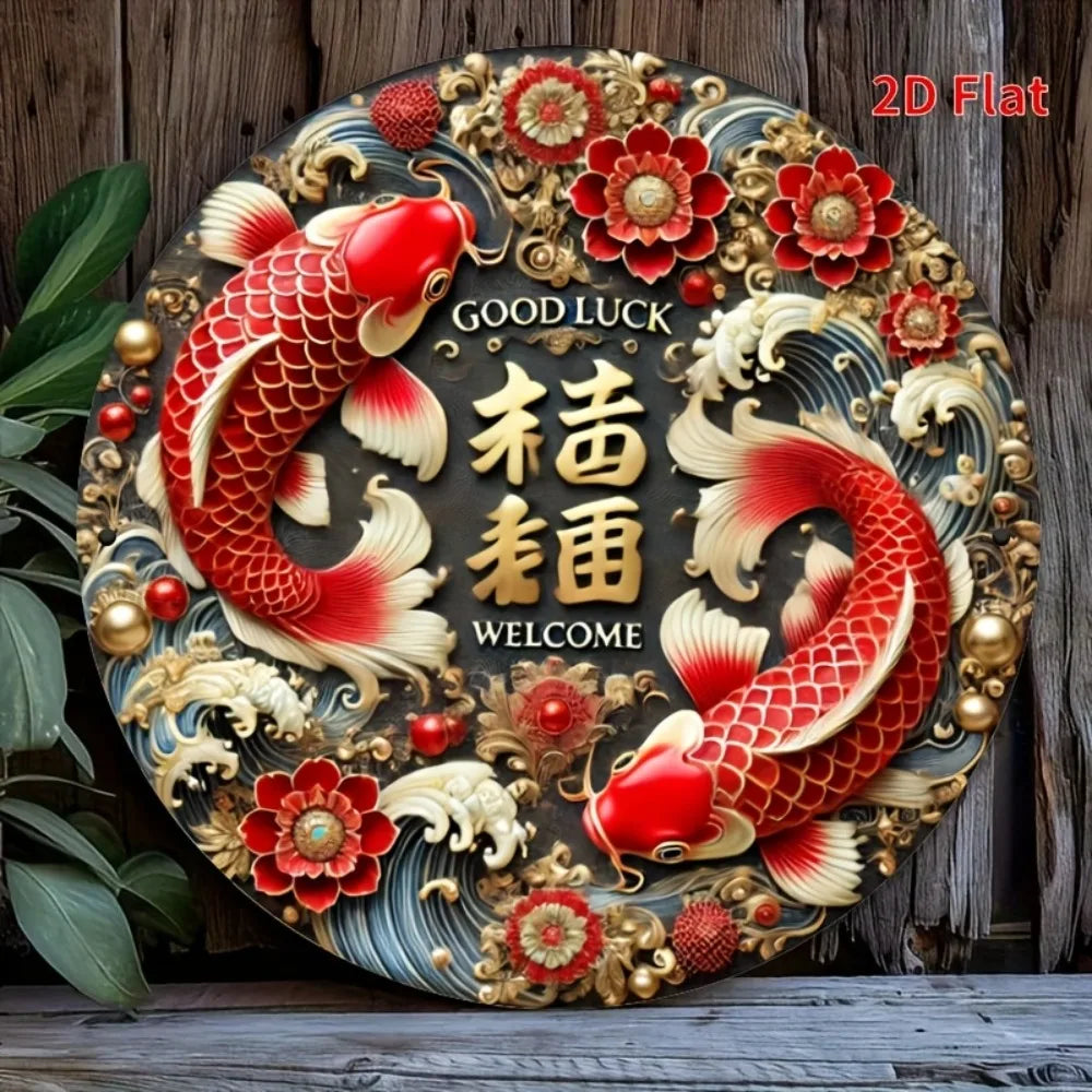 décoration murale ronde poissons rouges stylisés fleurs vagues calligraphie chinoise effet 3d ornemental asiatique