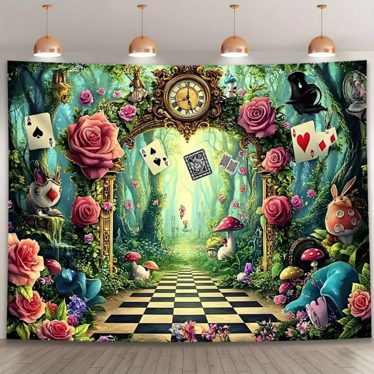 toile fond décorative alice merveilles roses cartes lapin chapeau horloge champignons vert bleu rose
