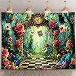 toile fond décorative alice merveilles roses cartes lapin chapeau horloge champignons vert bleu rose