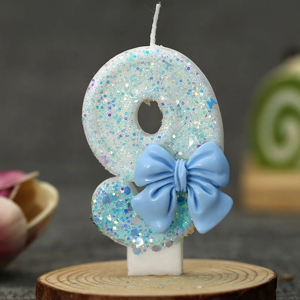 décoration anniversaire bougie chiffre paillettes argentées bleu clair festive tringle métallique simple élégante cute