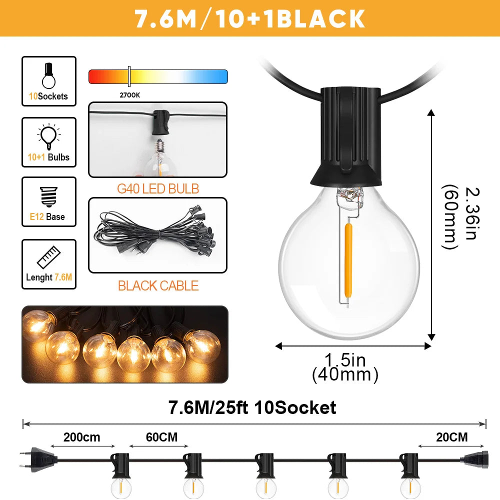guirlande lumineuse vintage blanc ampoule transparente clips câble extérieur jardin 10m 15m 20m