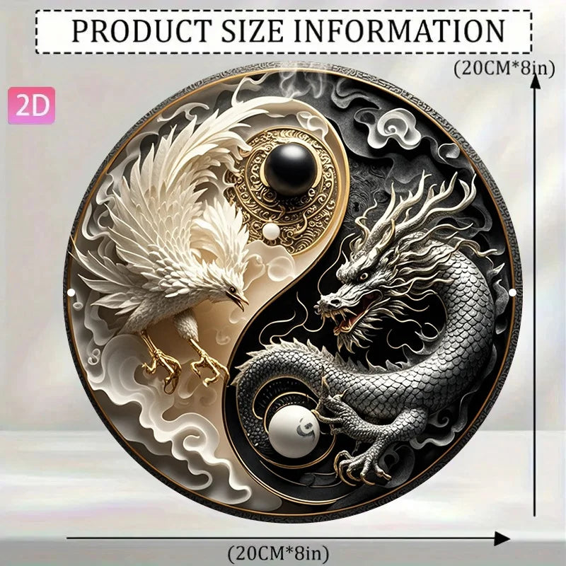 décoration murale plaque métal yin yang dragon phoenix nuages artisanal blanc noir gris doré