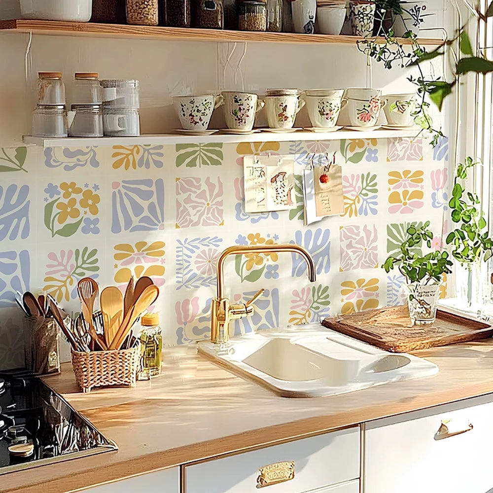 autocollants carreaux floraux bleu jaune modernes cuisine salle bain stickers muraux adhésifs haute qualité