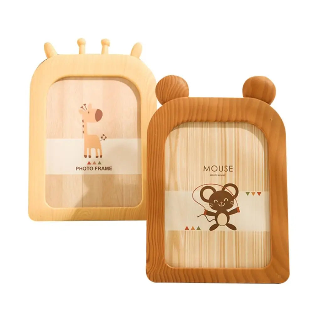 cadres photo décoration animaux tête souris girafe ours aspect bois clair rotatif beige marron