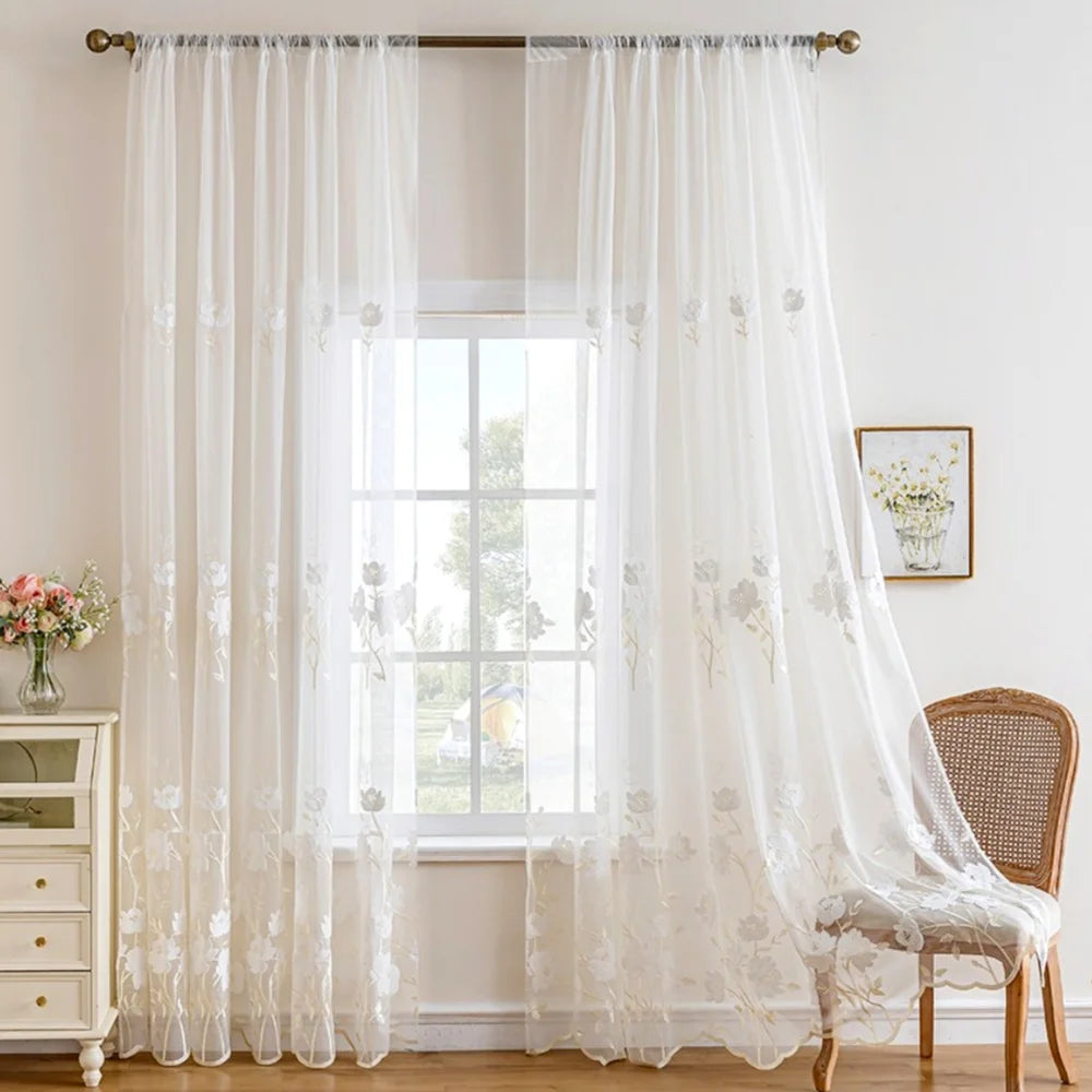 rideau blanc floral classique transparent fenêtre salon chambre coucher