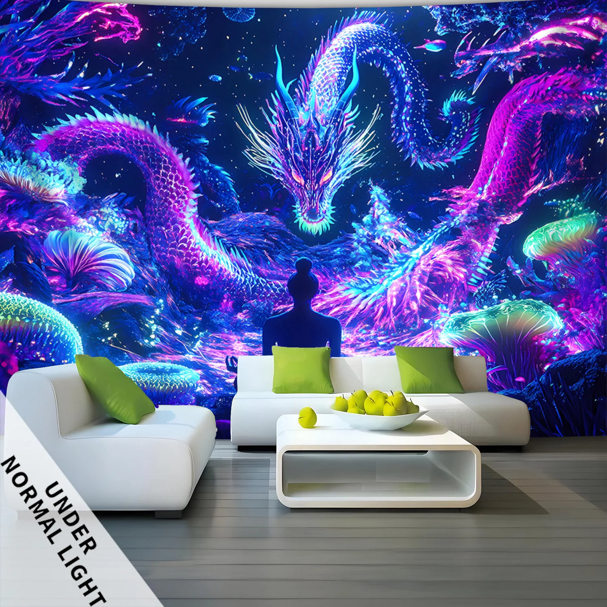 tapisserie murale moderne dragons stylisés violet bleu rose fond marin 100x150cm