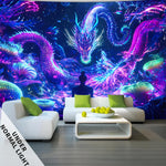 tapisserie murale moderne dragons stylisés violet bleu rose fond marin 100x150cm