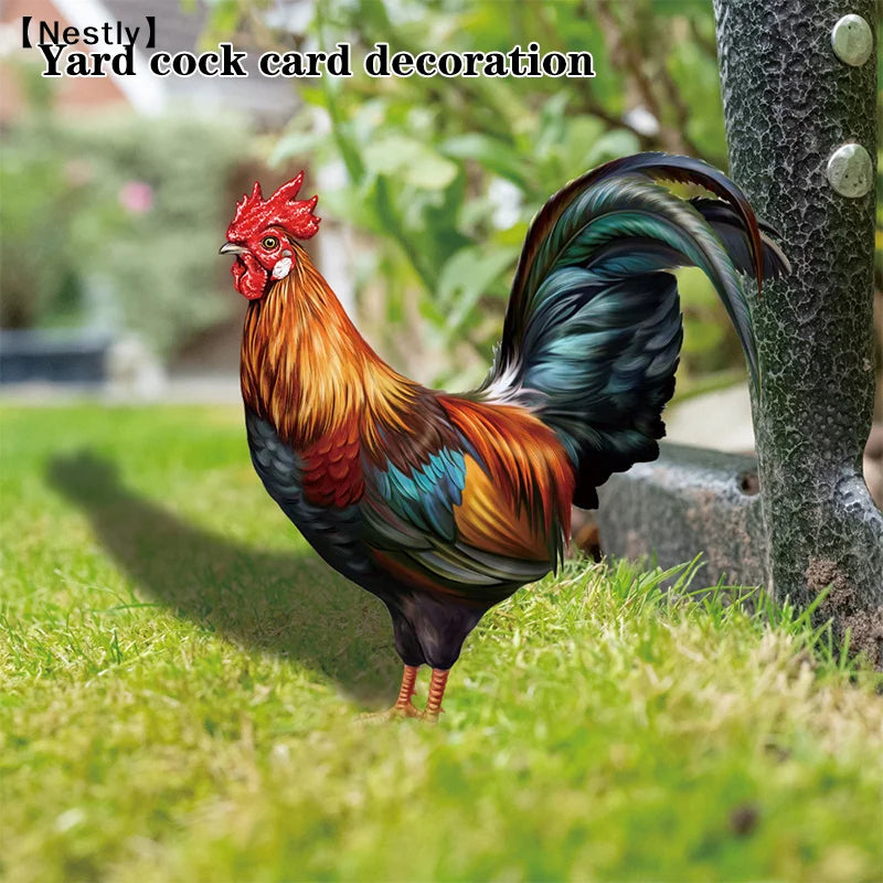figurine coq plumeux rouge jaune noir blanc vert réaliste résistant intempéries terrasse cour