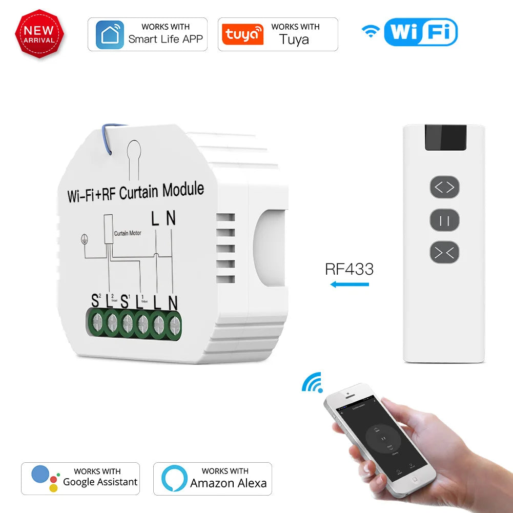 module rideau motorisé intelligent télécommande rf433 application smartphone contrôle vocal programmation