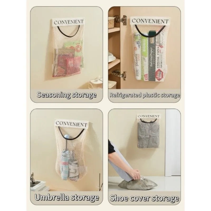 sacs rangement mural pliables beige clair maille fine moderne adhésif velcro poignée noire utilisation