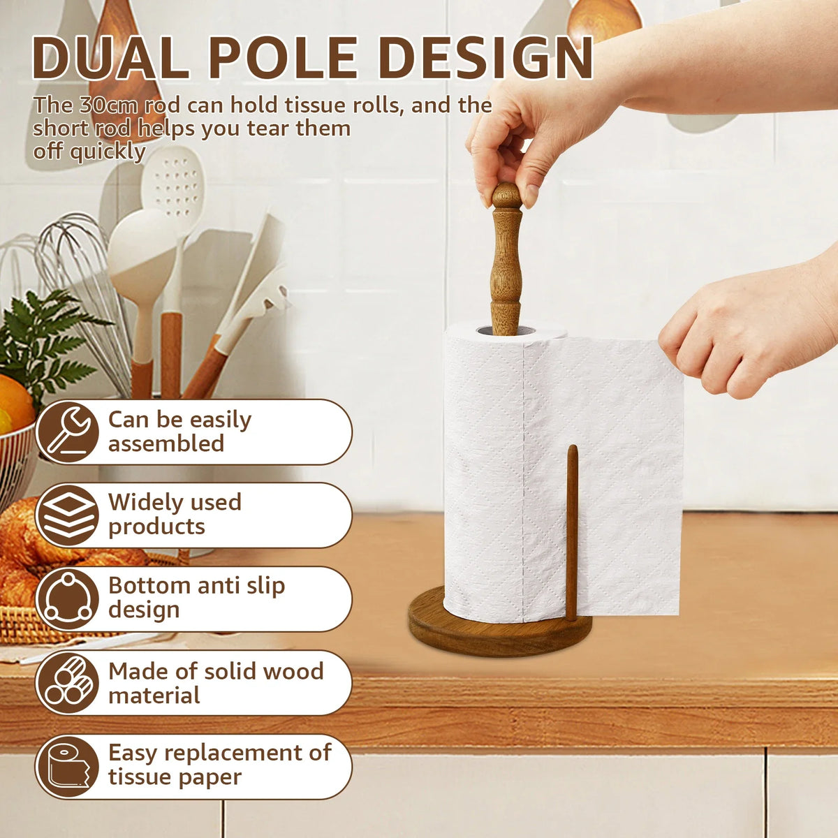 porte rouleau papier cuisine marron clair rustique deux tiges bois base circulaire anti dérapants