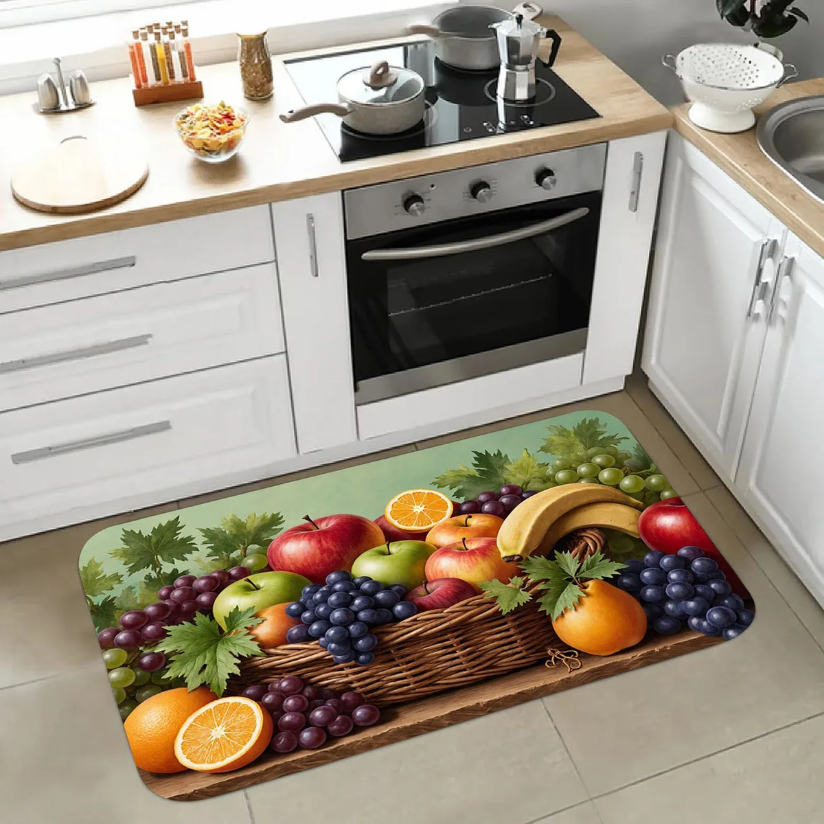 tapis sol moderne panier fruits pommes oranges raisins bananes vert polyester