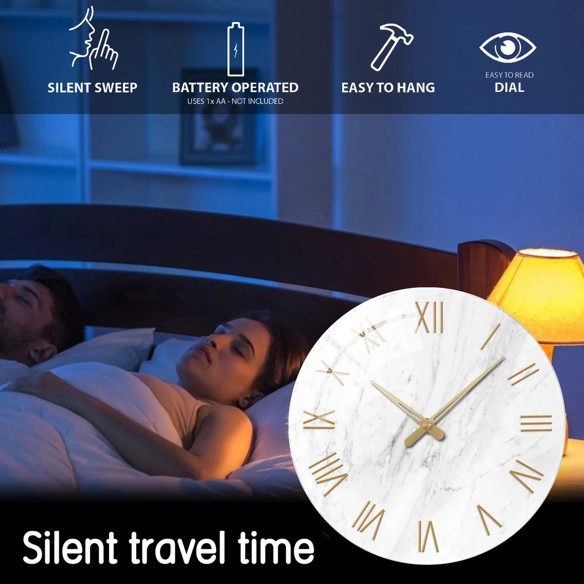 horloge murale moderne marbre blanc aiguille quartz 12 pouces adhésif salon