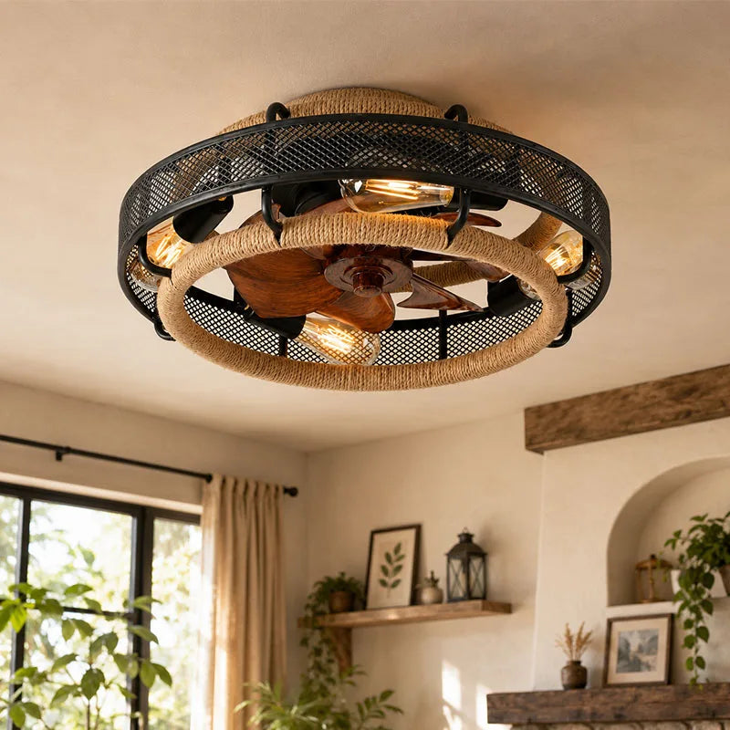 ventilateur éclairage intégré industriel rustique bohème pales métal ajouré corde tressée