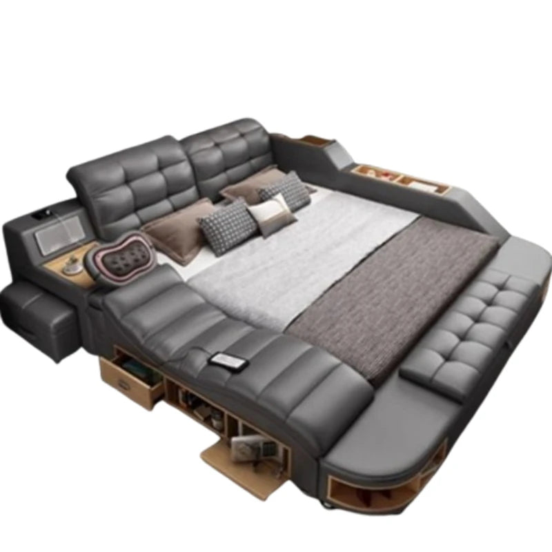 lit multifonctionnel moderne gris clair simili cuir tapis coussins rangement sous lit