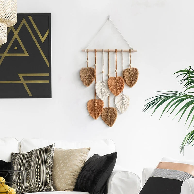 mobile mural boho chic feuilles artificielles marron clair beige blanc