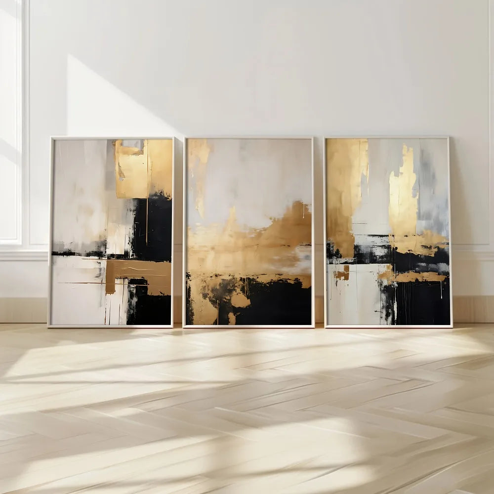 tableau abstrait contemporain minimaliste blanc noir or impression toile sans cadre trois pièces chambre