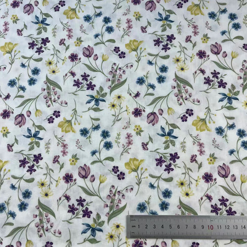 tissu coton popeline imprimé fleurs vintage bleu blanc gris couture décoration maison artisanat