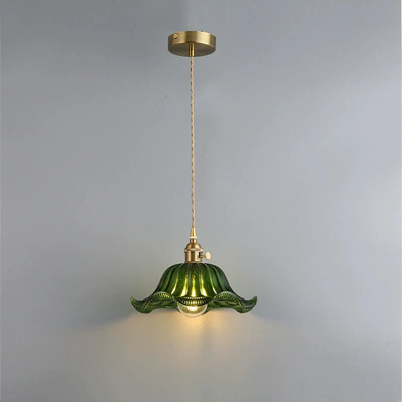 suspension lumineuse vintage transparente motifs floraux vert orange bleu