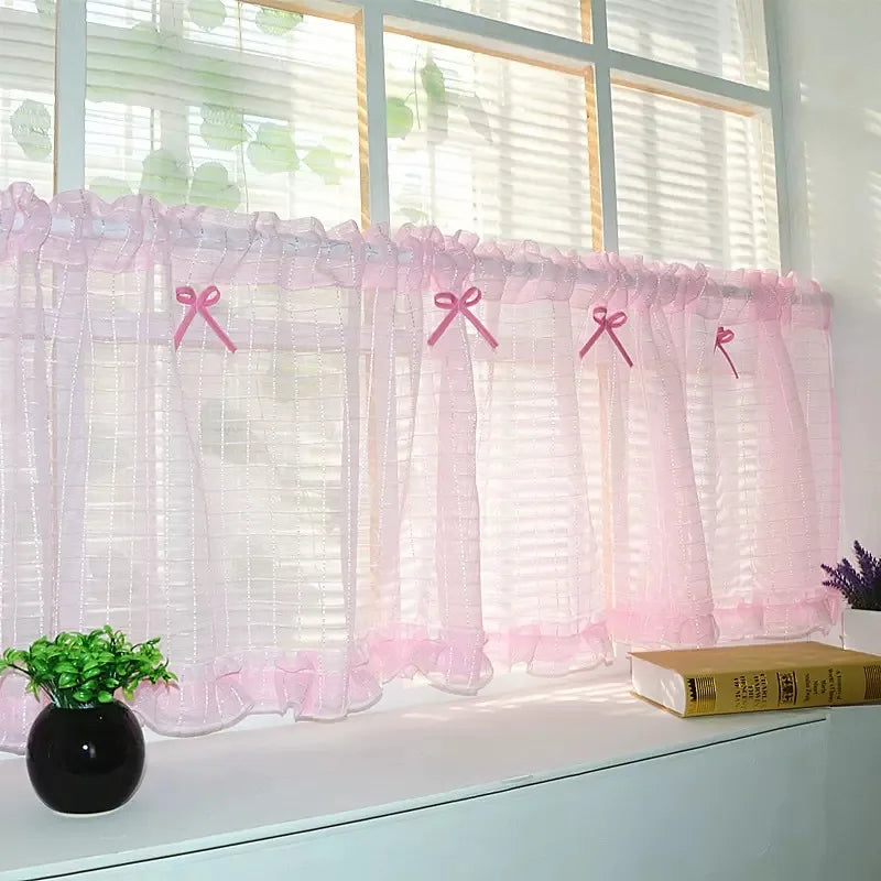 rideau tulle rose transparent classique rubans cuisine chambre petite fenêtre
