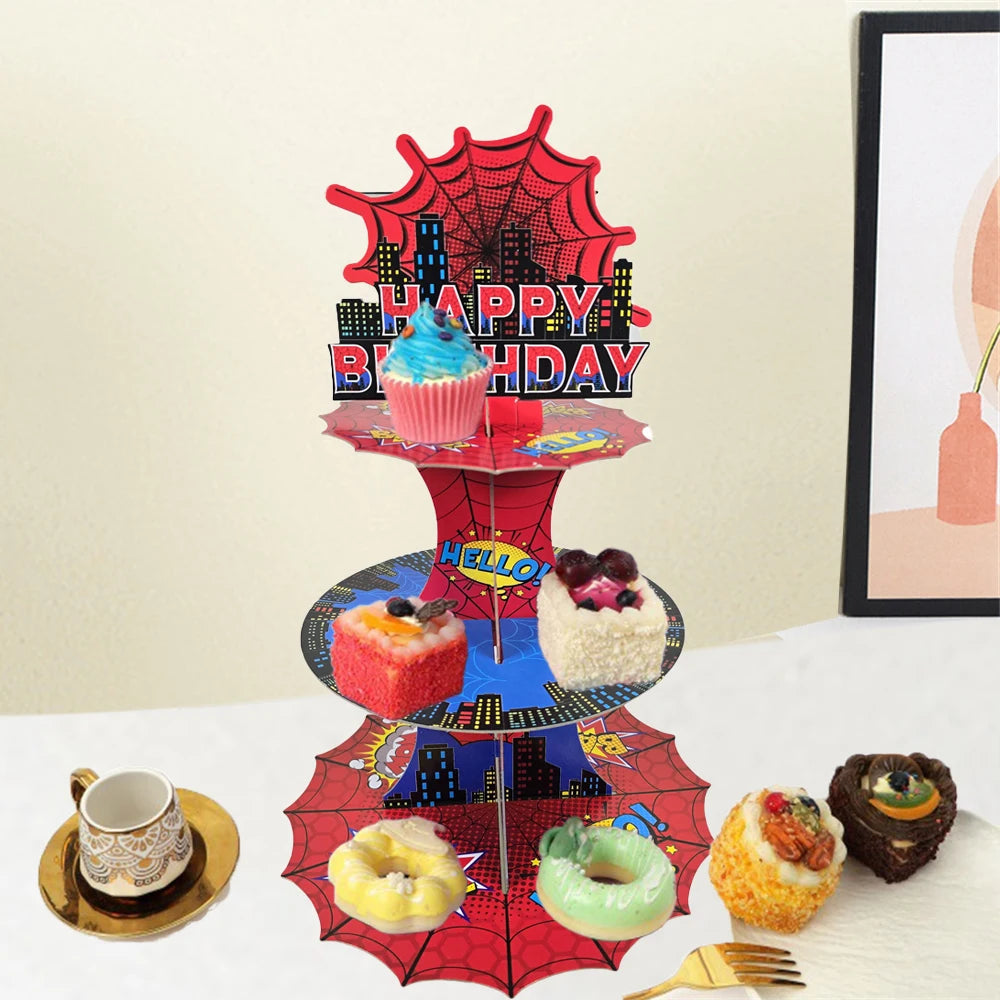 support gâteaux festif spiderman happy birthday cupcakes rouge bleu toile d'araignée moderne décoration anniversaire