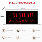 horloge murale numérique LED moderne affichage heure date température alarmes rouge noir