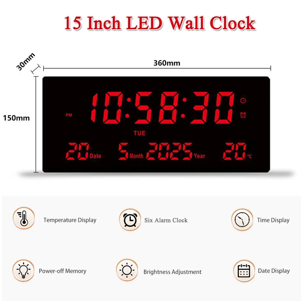 horloge murale numérique LED moderne affichage heure date température alarmes rouge noir