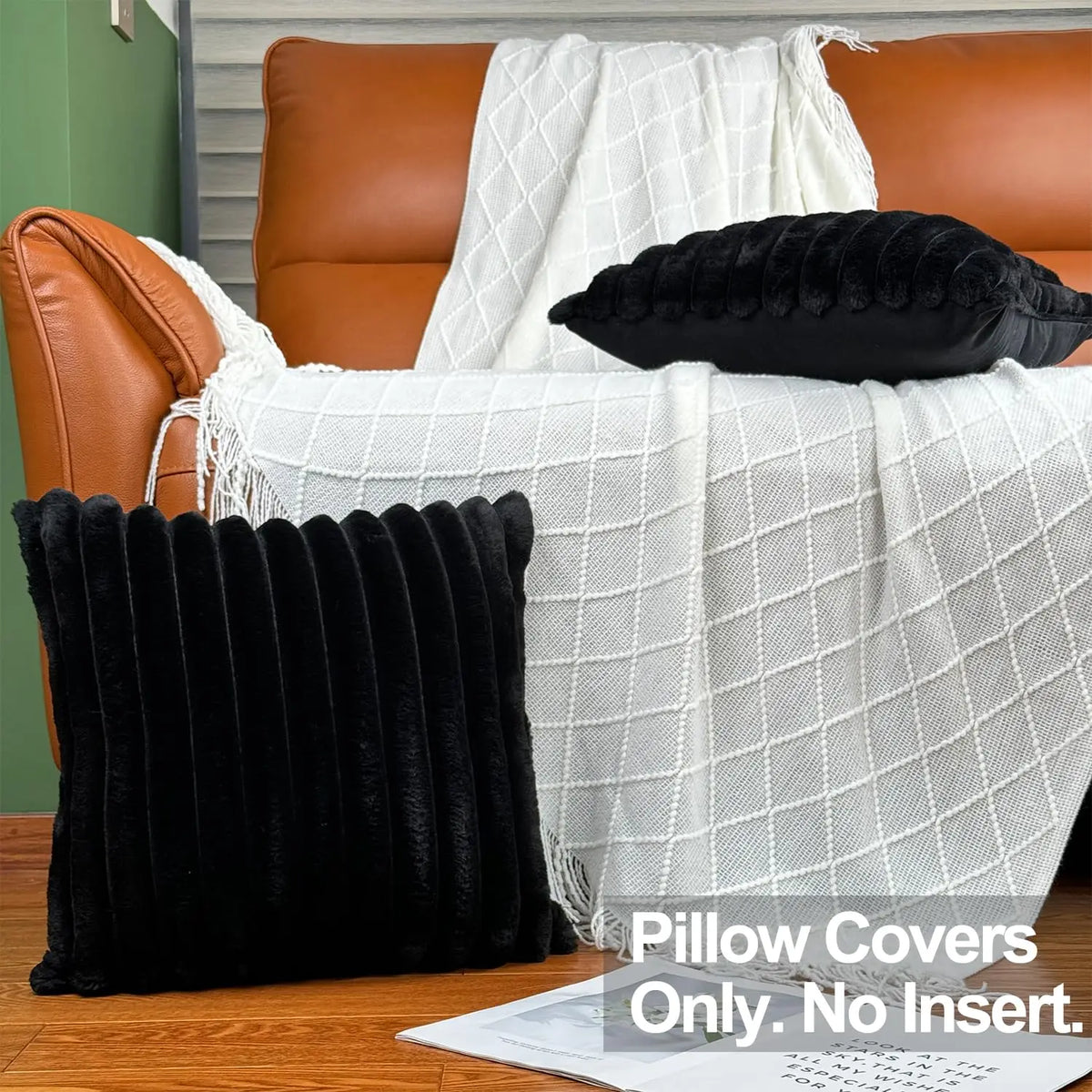 housses coussins décoratifs texturés moderne couleur noir orange beige jaune gris doux pelucheux salon