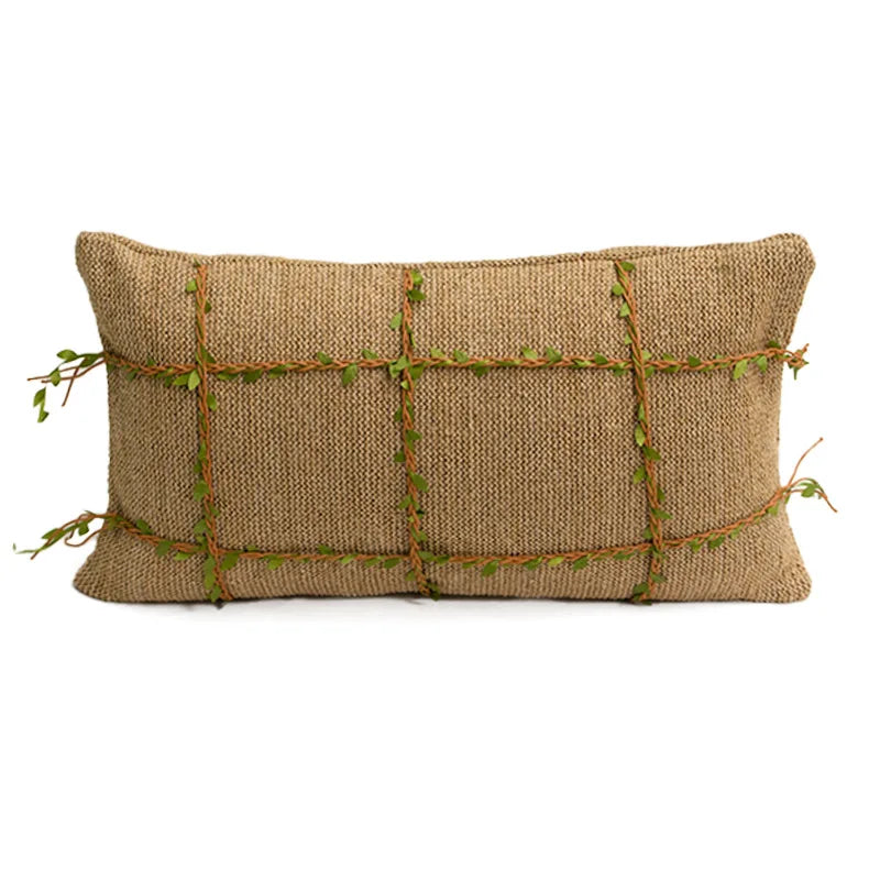 housse coussin tissée jute motif quadrillé vert rustique décor feuilles