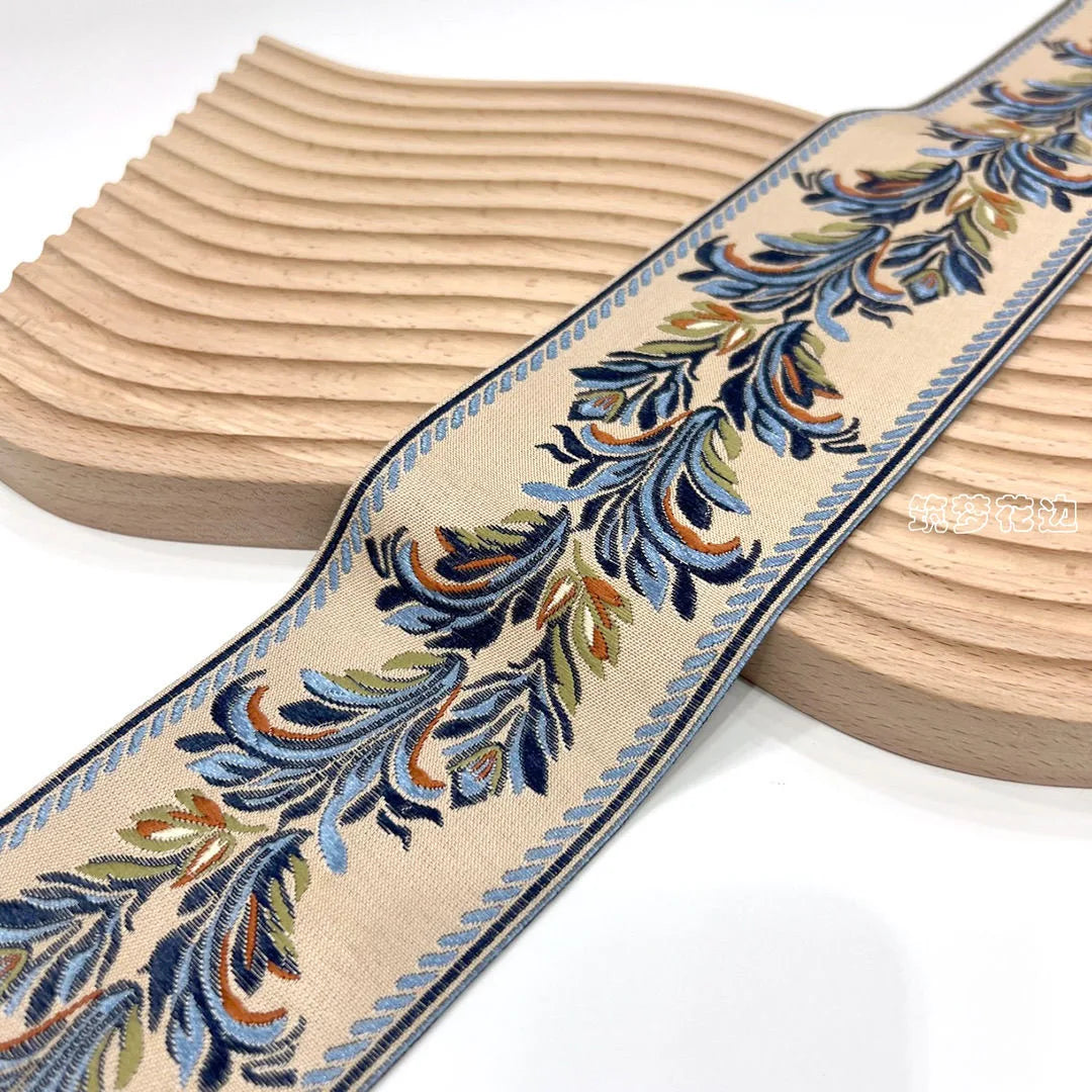 ruban decoratif floral brode 8cm largeur polyester vert beige bleu marron rose blanc