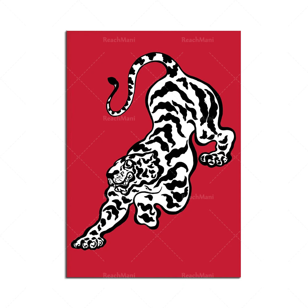 Illustration d'un serpent tigre noir et blanc sur un fond rouge vif.