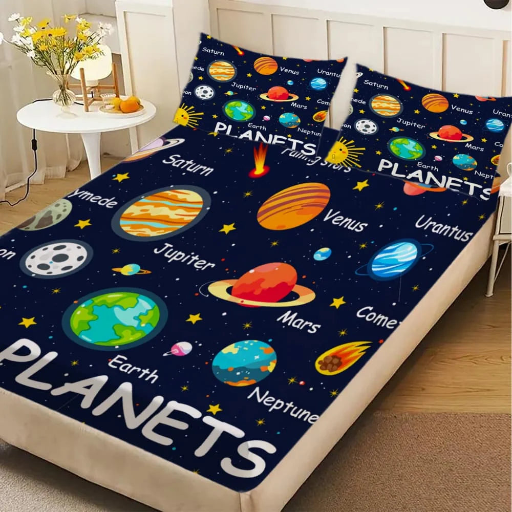 drap plat bleu foncé planètes earth mars coton polyester lit enfant illustratif chambre