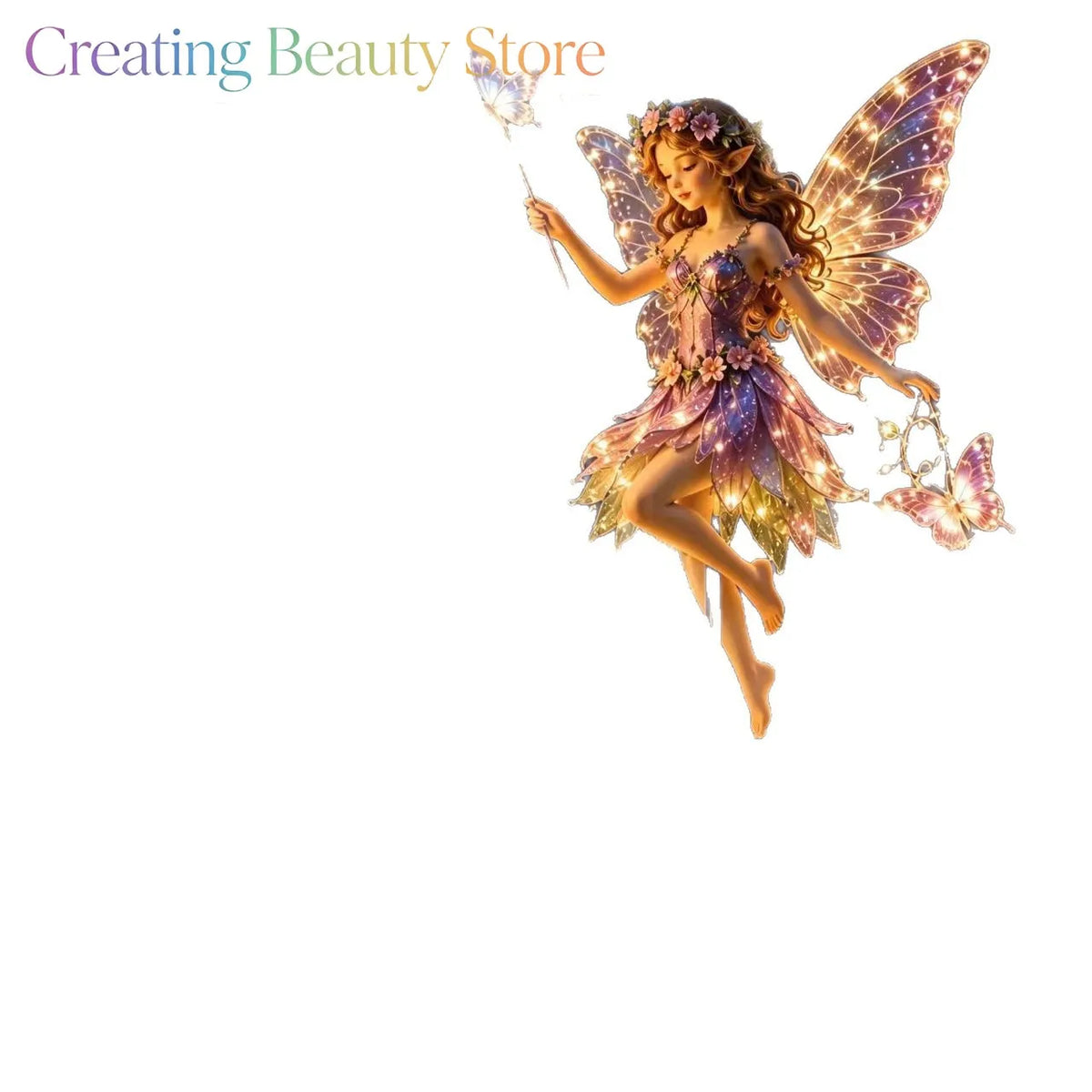figurine lumineuse fée violet papillons fleurs couronne florale piquet métalliqueextérieur